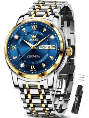 Men's Silver Blue Stainless Steel Luminous Quartz Waterproof Round Classic Watch